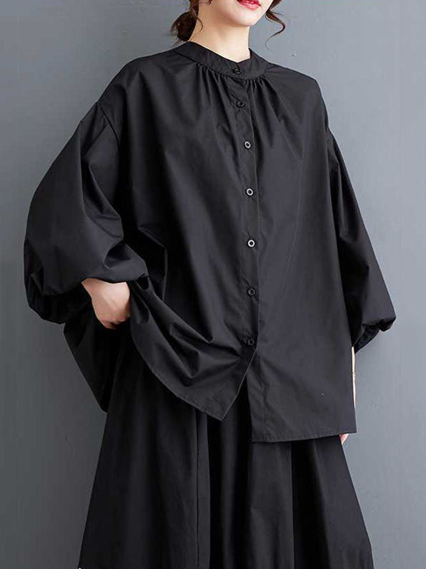 Loose Nine-Minute Sleeve Buttoned Hollow Pleated Solid Color Round-Neck Blouses&Shirts Tops