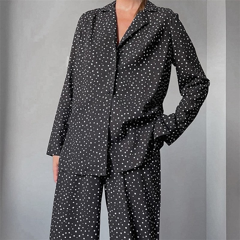 Loose Fit Polka Dot Long Sleeve Top and Pants Lounge Set