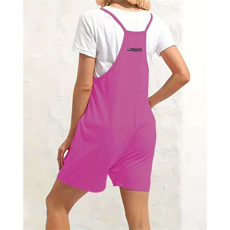 Solid Color Spaghetti Straps Sleeveless Pockets Casual Loose Short Jumpsuits