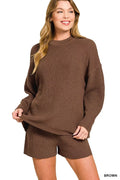 Round Neck Knit Top and Shorts Sweater Set