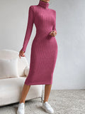 Long Sleeves Skinny Solid Color Split-Joint High Neck Midi Dresses Sweater Dresses