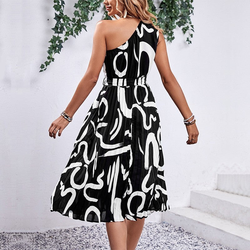 Stylish Floral Printed One-Shoulder High-Waisted Dress