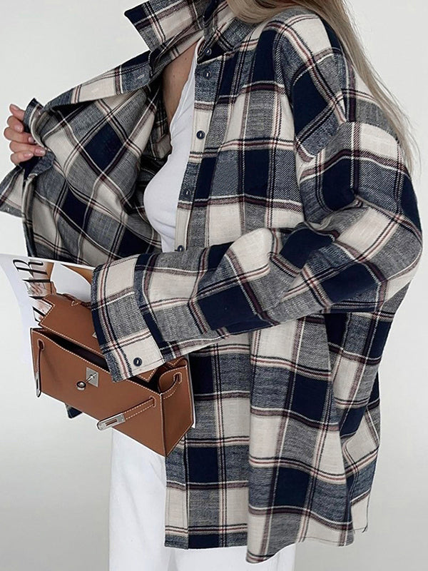 Long Sleeves Loose Plaid Split-Joint Lapel Blouses&Shirts Tops
