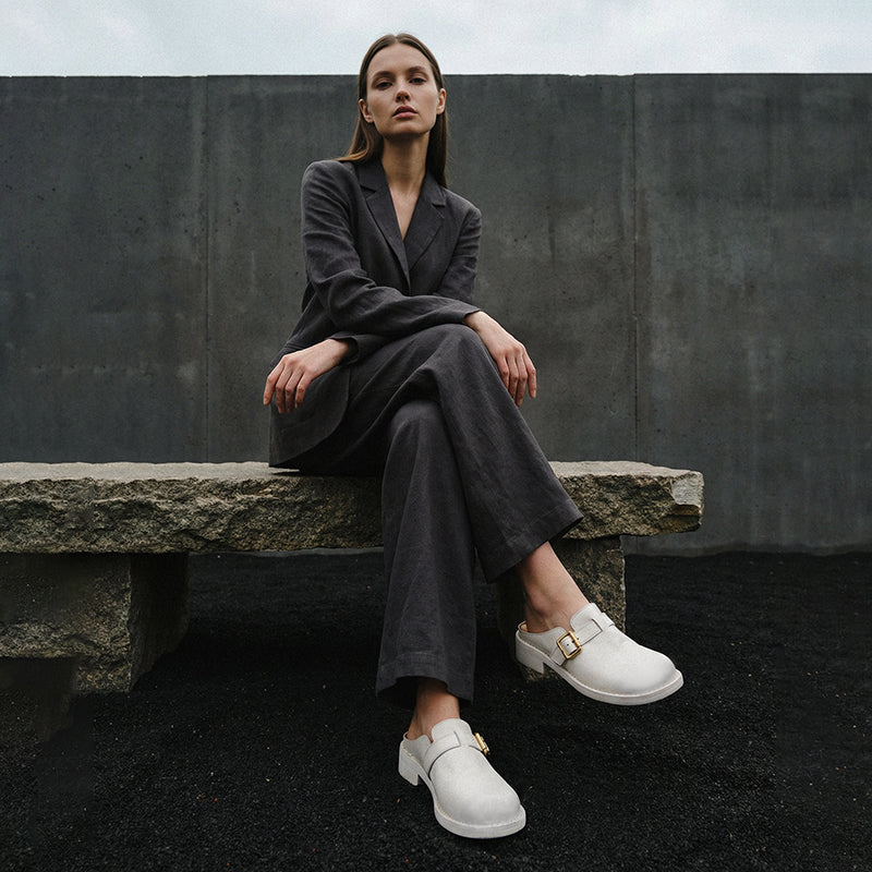Women's Full Grain Leather Buckle Mules | Retro Low Block Heel Backless Shoes