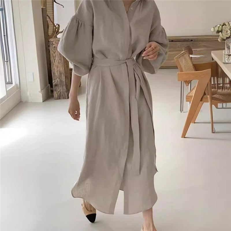Solid Color Lantern Sleeve Over-The-Knee Long Dress
