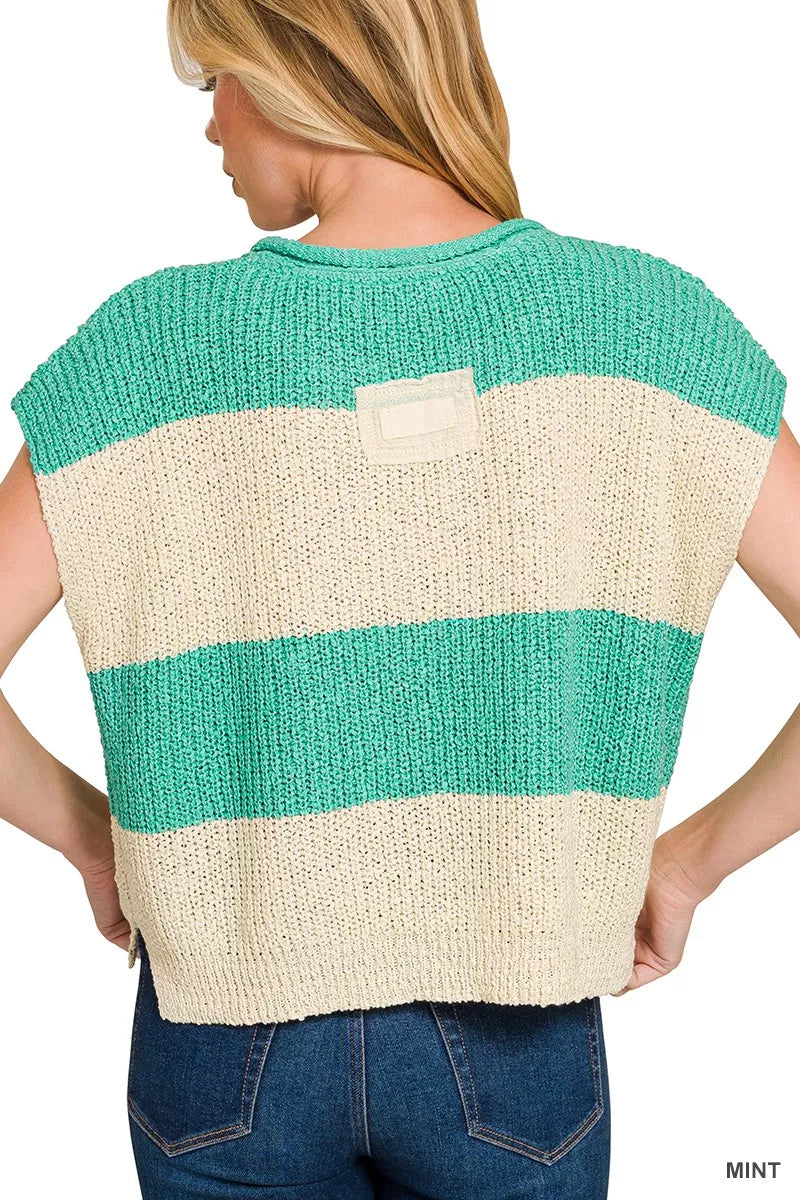 Split Neck Sleeveless Stripe Sweater
