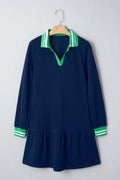 Navy Blue Contrast Striped Cuffs Polo Collar Patchwork Long Sleeve Ruffle Hem Mini Dress