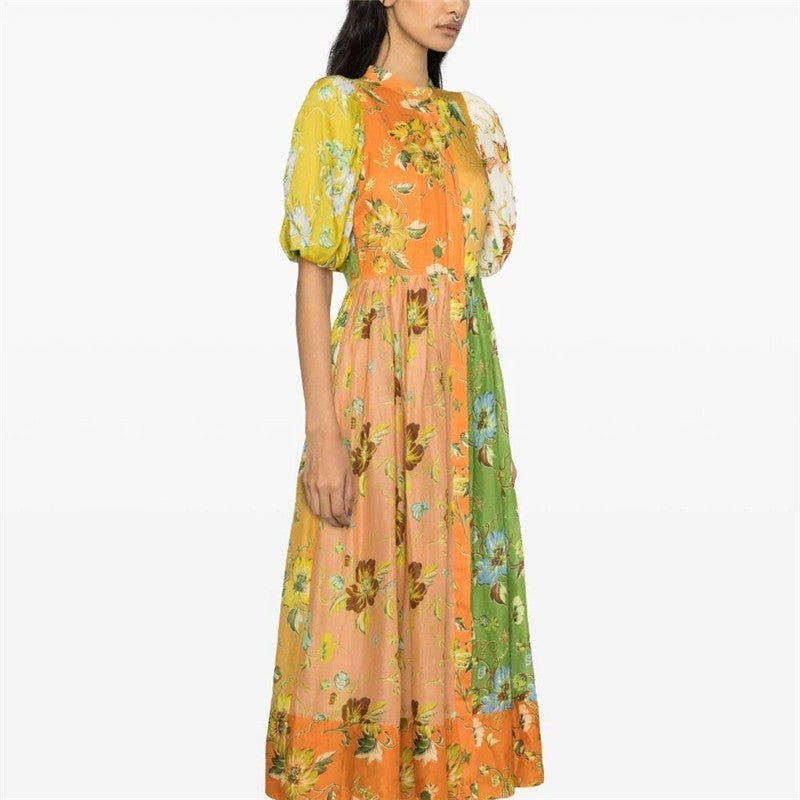 Floral Print Midi Dress with Bubble Sleeves
