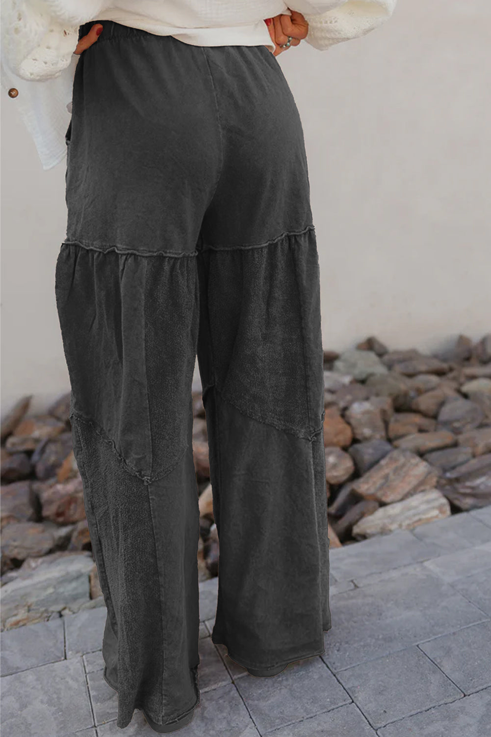 Black Mineral Wash Tiered Wide Leg Patchwork Drawstring Pants