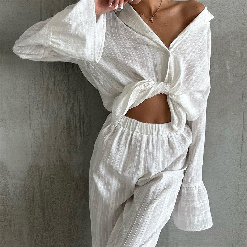 Ruffle Hem Long Sleeve Top and Pants Lounge Set