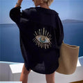 Embroidered Collar Long Sleeve Shirt in Solid Color