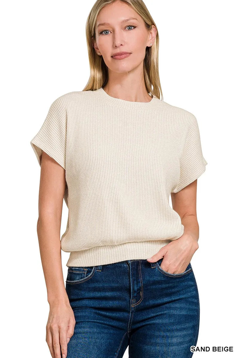 Round Neck Banded Botton Short Sleeve Sweater