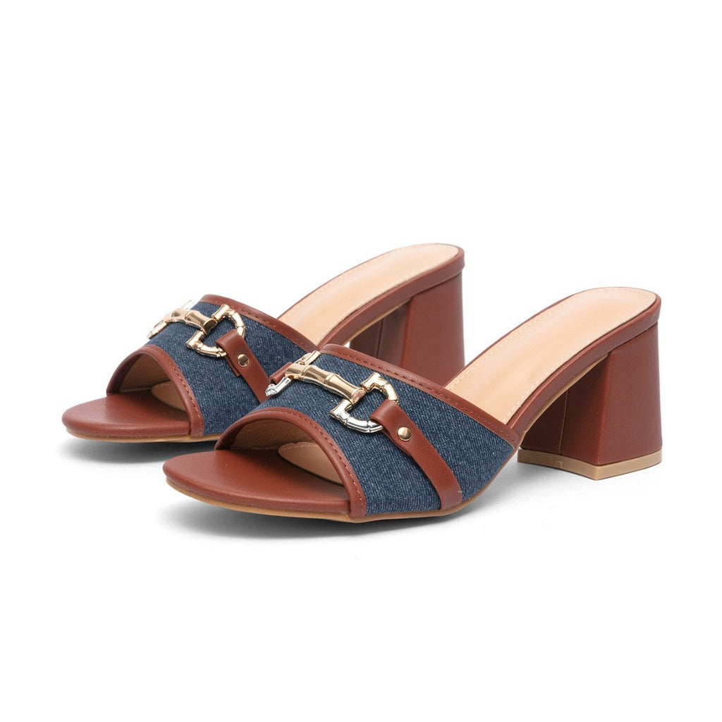 Women's Chunky Heel Square-Toe Slip-On Sandals | PU Upper Brown Platform