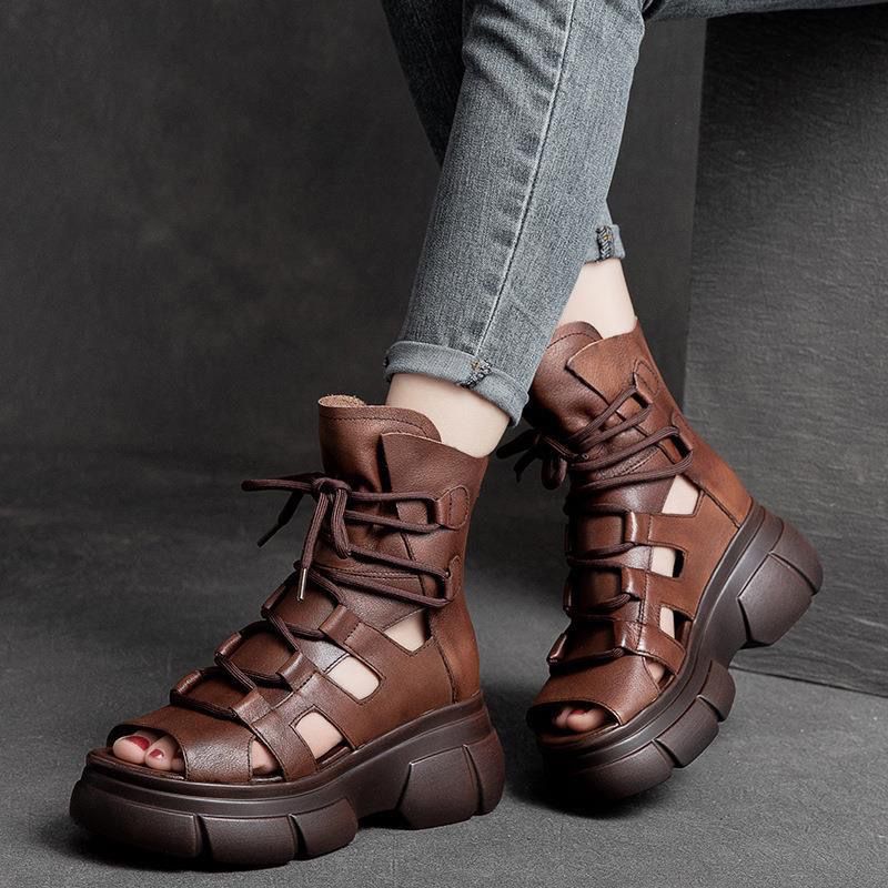Women's Roman Gladiator Sandal Boots | Open Toe Buckle Hollowed-Out Design | Black Brown