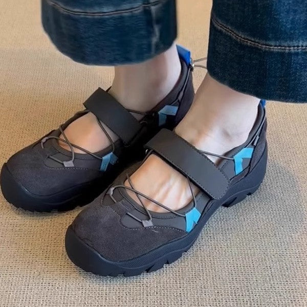 Women's Vintage Leather Mary Jane Shoes | Velcro Strap Thick Sole Low-Top