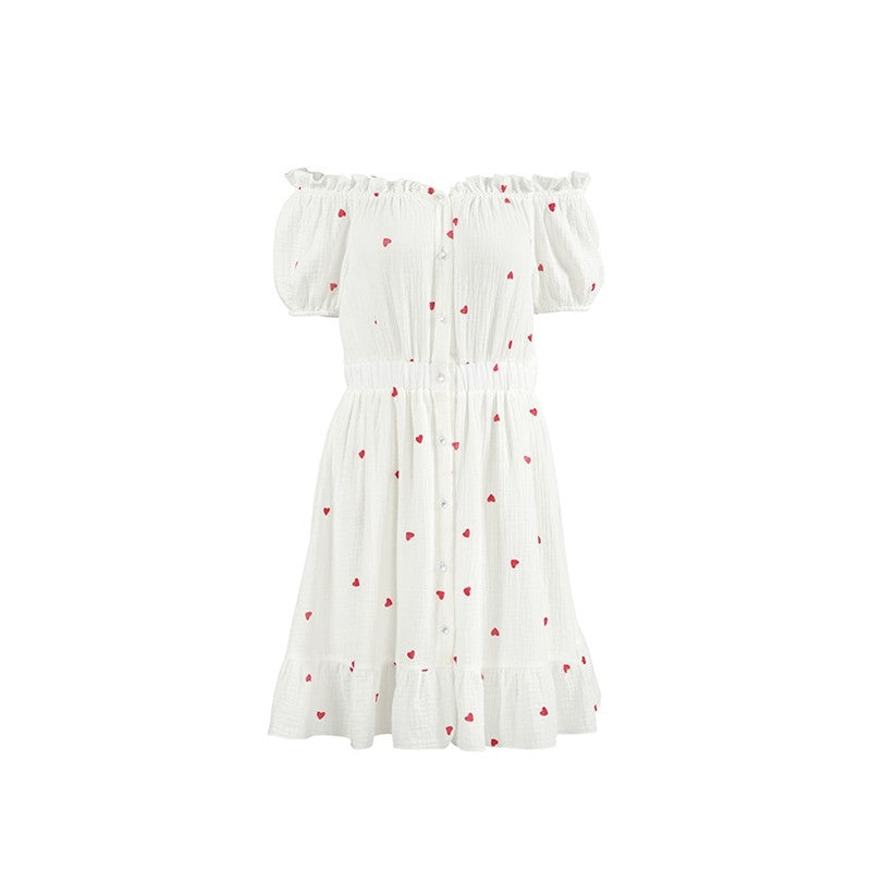 Heart Print One-Shoulder Nightgown with Ruffle Hem