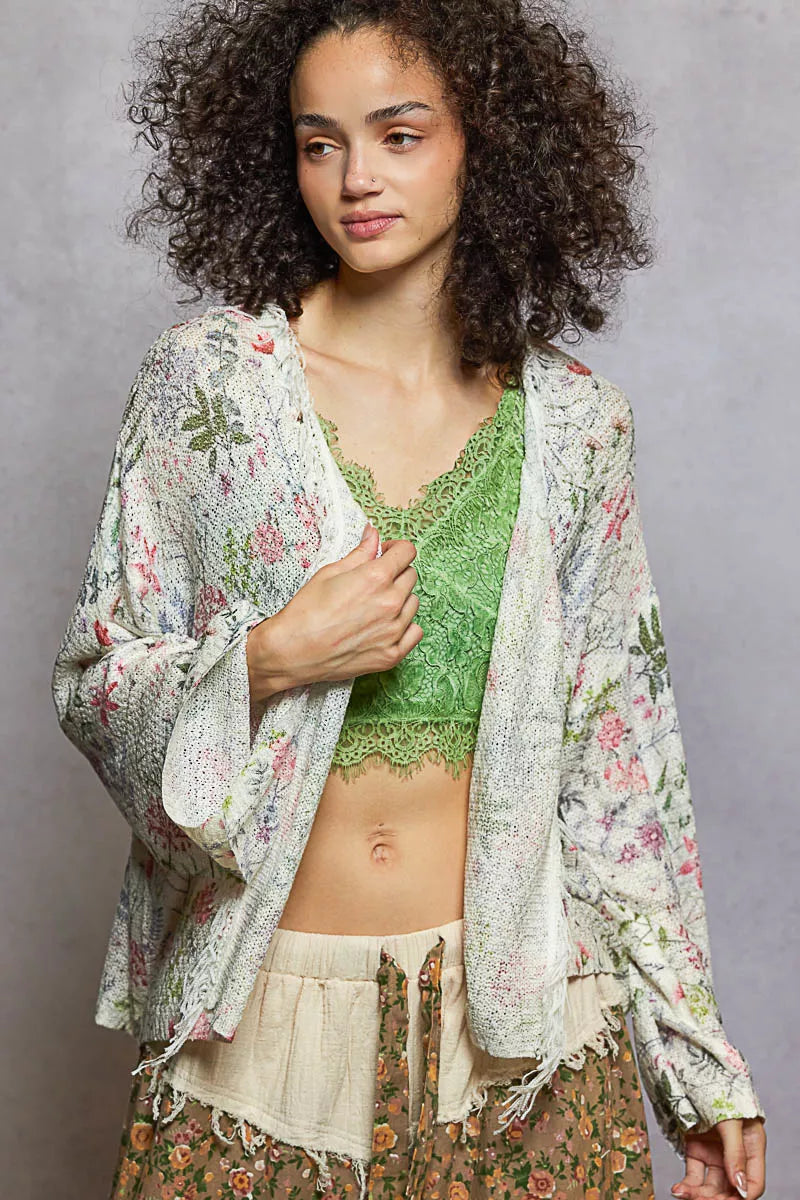 Open Front Floral Cardigan with Center Open Fringe