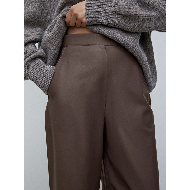 High Waisted Solid Color Straight Leg Faux Leather Pants