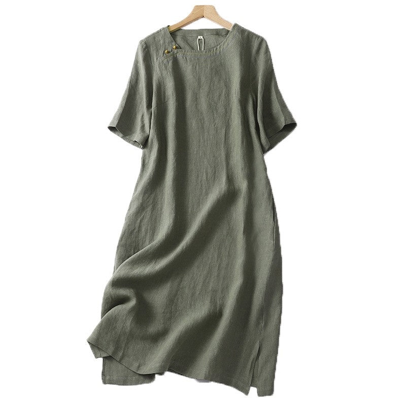 Solid Color Crewneck Short Sleeve Retro Dress