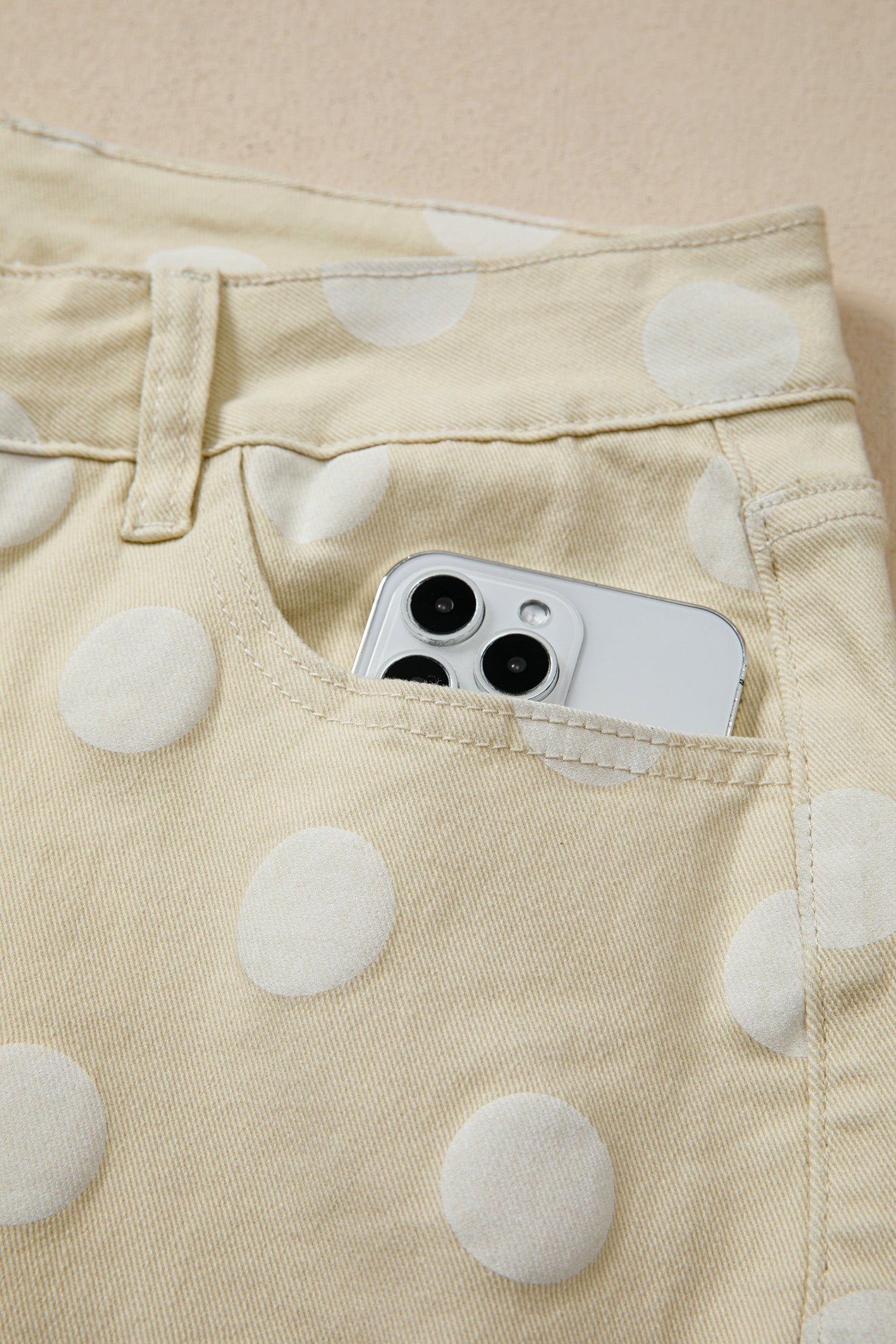Khaki Polka Dot Print Raw Hem Shift Jeans
