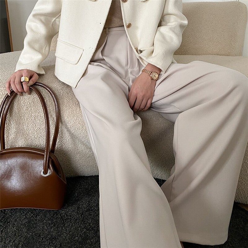Wide-Leg Floor-Length Suit Trousers in Loose Solid Color