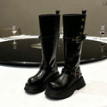 Women's Retro Chunky-Heel Knee-High Boots - British Style PU Leather Round Toe Mid Heel Winter Boots