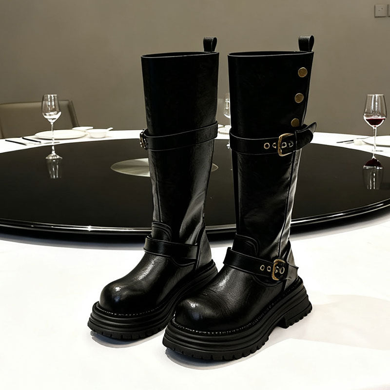 Women's Retro Chunky-Heel Knee-High Boots - British Style PU Leather Round Toe Mid Heel Winter Boots