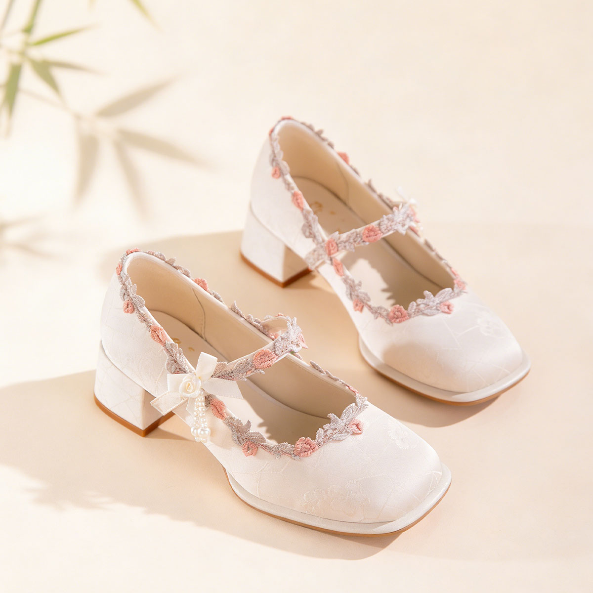 Women's Oriental Jacquard Satin Mary Jane Heels | Embroidered Lace Pearl Square Toe
