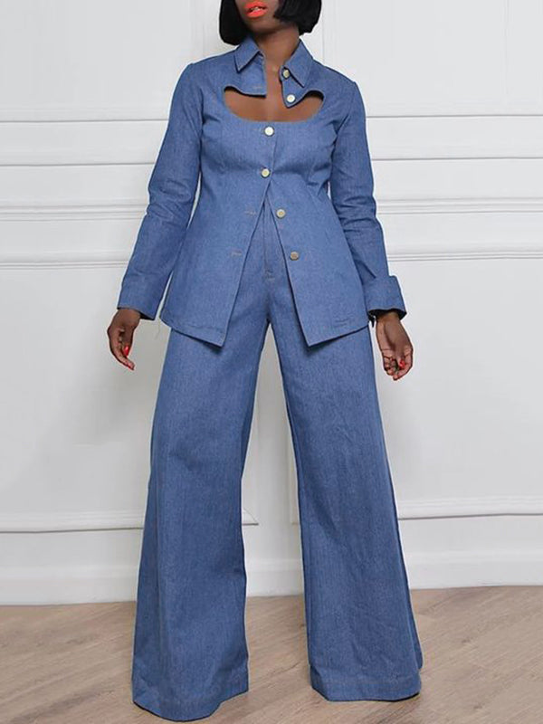 High-Waisted Loose Fit Jeans with Pockets and Lapel - Solid Color