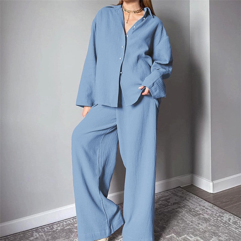 Solid Color Long Sleeve Lapel Buttoned Blouse and Pants Two-piece Lounge Set