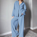 Solid Color Long Sleeve Lapel Buttoned Blouse and Pants Two-piece Lounge Set