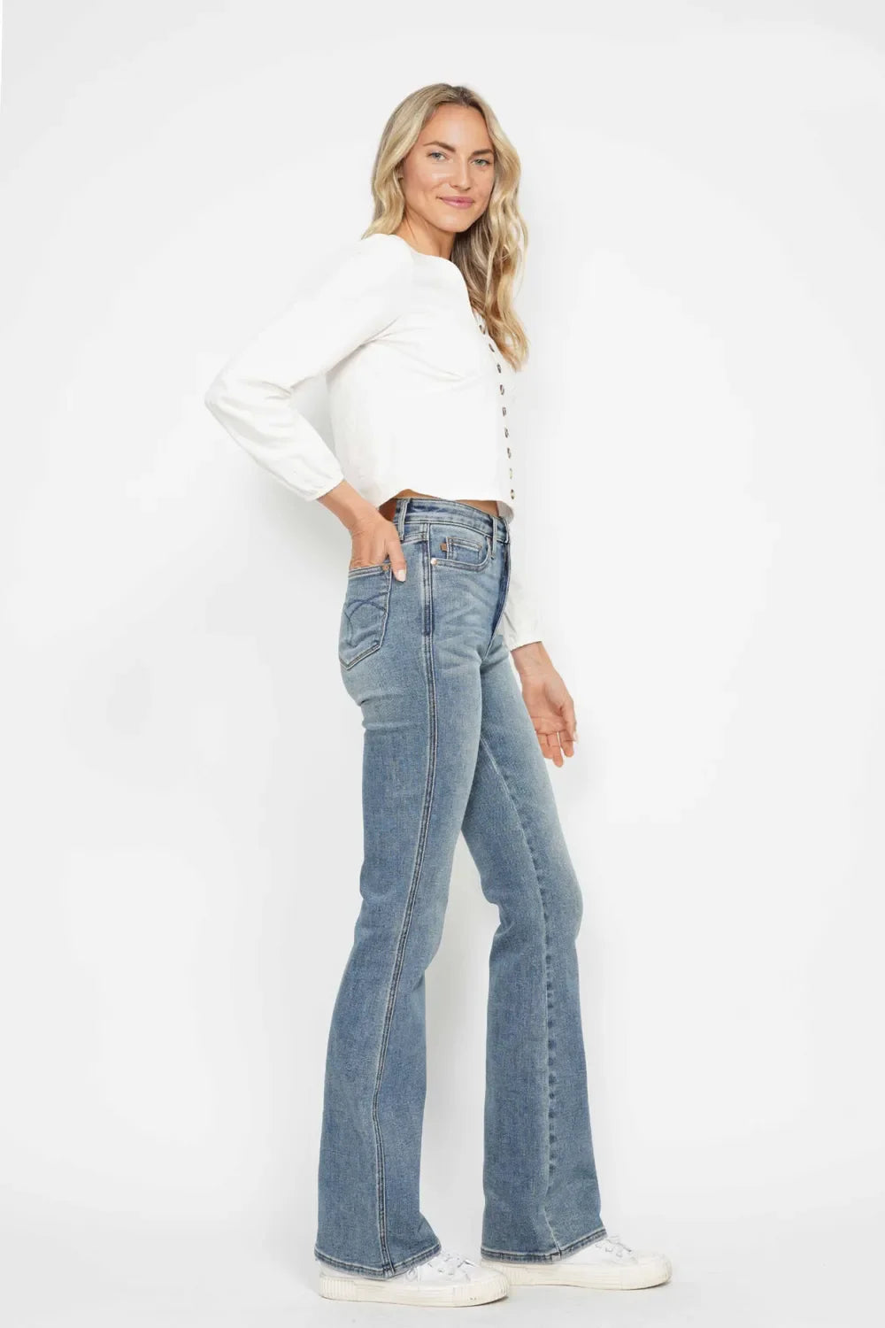 Full Size Tummy Control Back Embroidered Pocketed Bootcut Jeans Plus Size