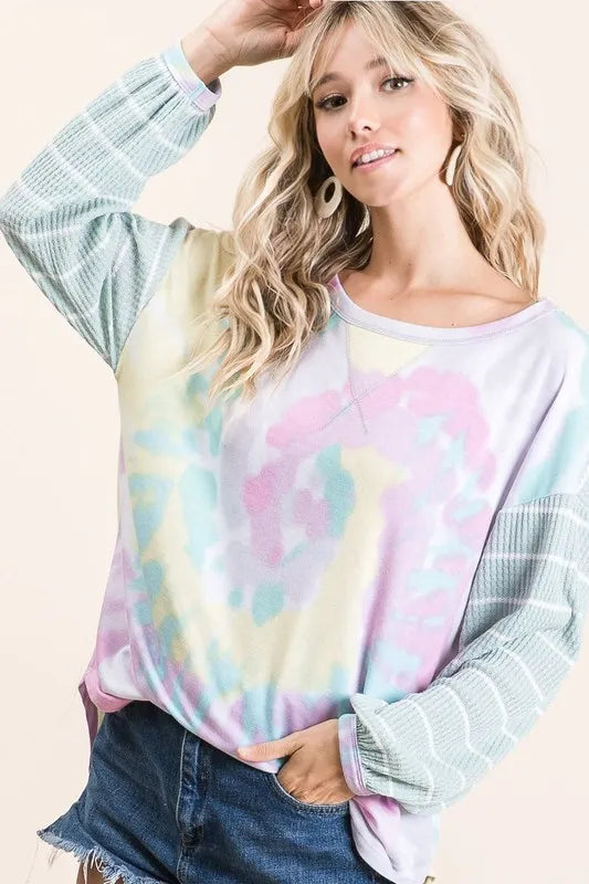 Tie Dye Terry Top with Wide Stripe Thermal Waffle