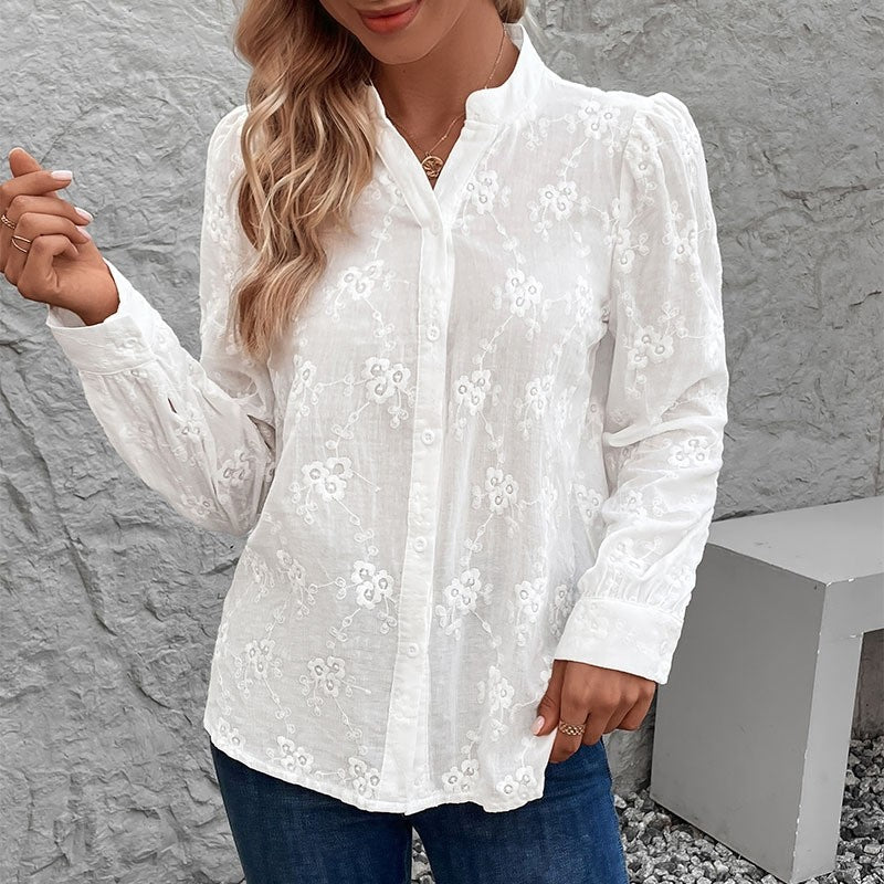 White Lace Embroidered Long Sleeve Blouse