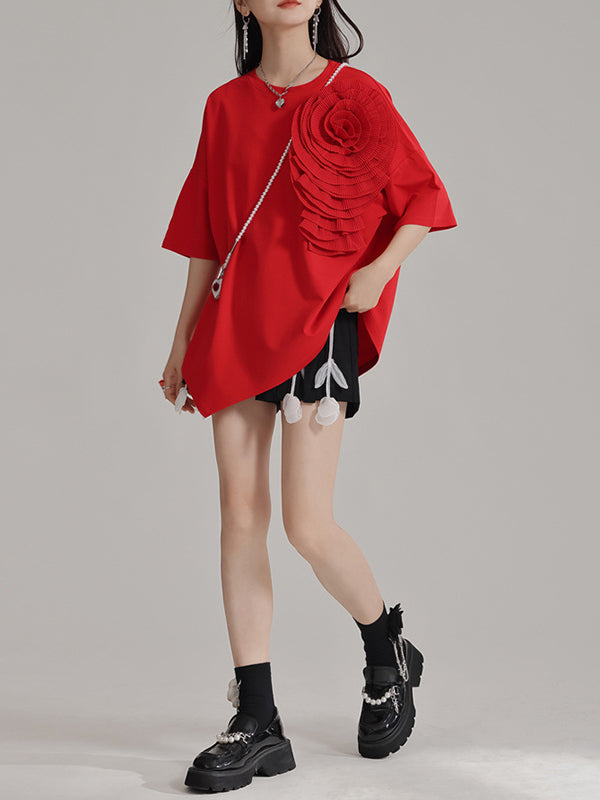 Loose Short Sleeves Asymmetric Solid Color Three-Dimensional Flower Round-Neck T-Shirts Tops