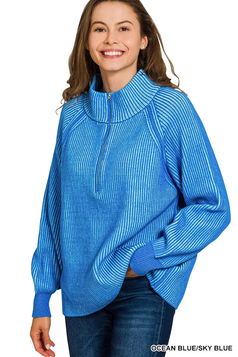 Ribbed Two Tone Half Zip Sweater
