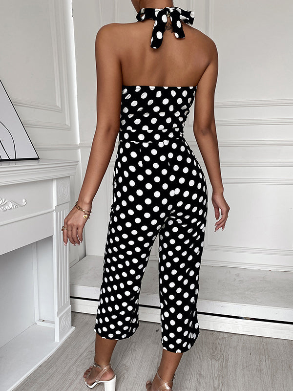 High Waisted Ninth Pants Backless Polka-Dot Halter-Neck Jumpsuits
