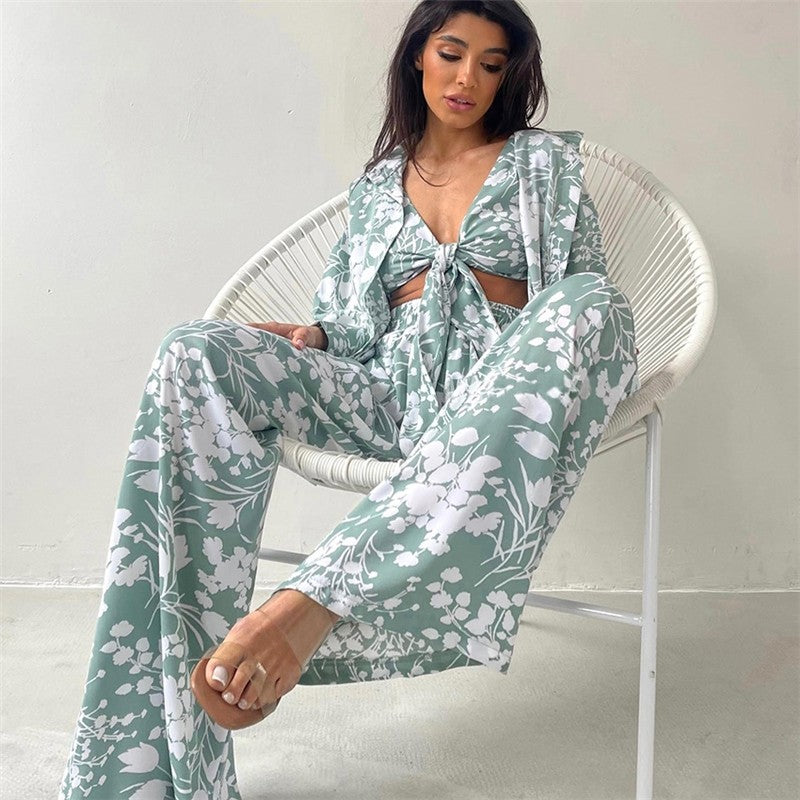 Knotted Bra and Long Sleeve Lapel Blouse with Pants Three-Piece Loungewear Set