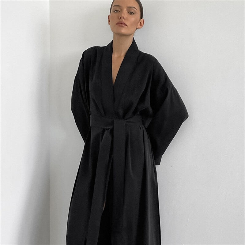 Long Sleeve Solid Color Night Gown with Waist Tie and Slit