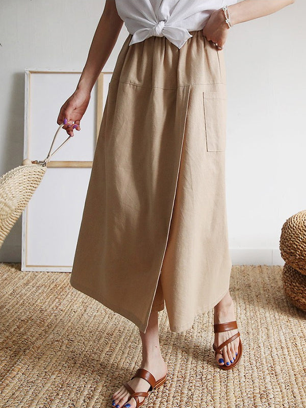 Loose Wide Leg Asymmetric Elasticity Pockets Solid Color Split-Front Split-Joint Pants Trousers