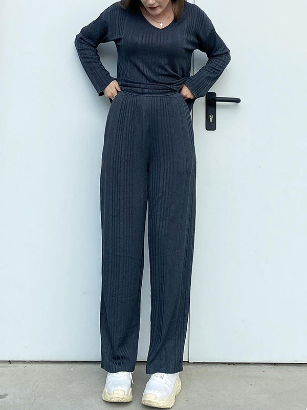 Long Sleeves Loose Solid Color V-Neck Shirt Top + Pants Bottom Pajama Sets