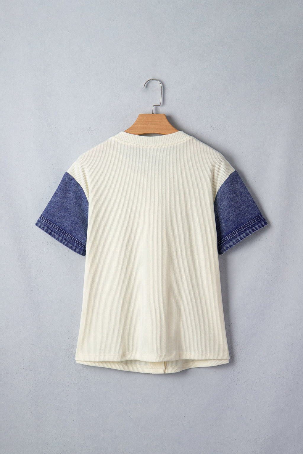 Beige Denim Patchwork Short Sleeve Ribbed Shirt