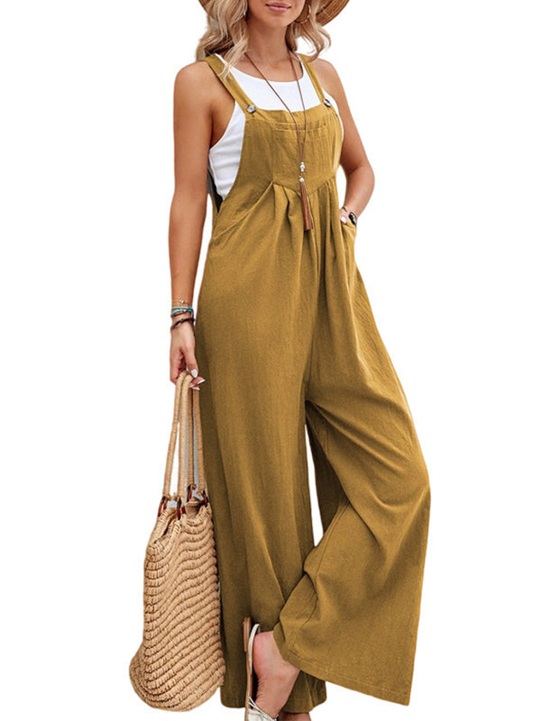 Loose Plus Size Pleated Split-Joint Spaghetti-Neck Overalls