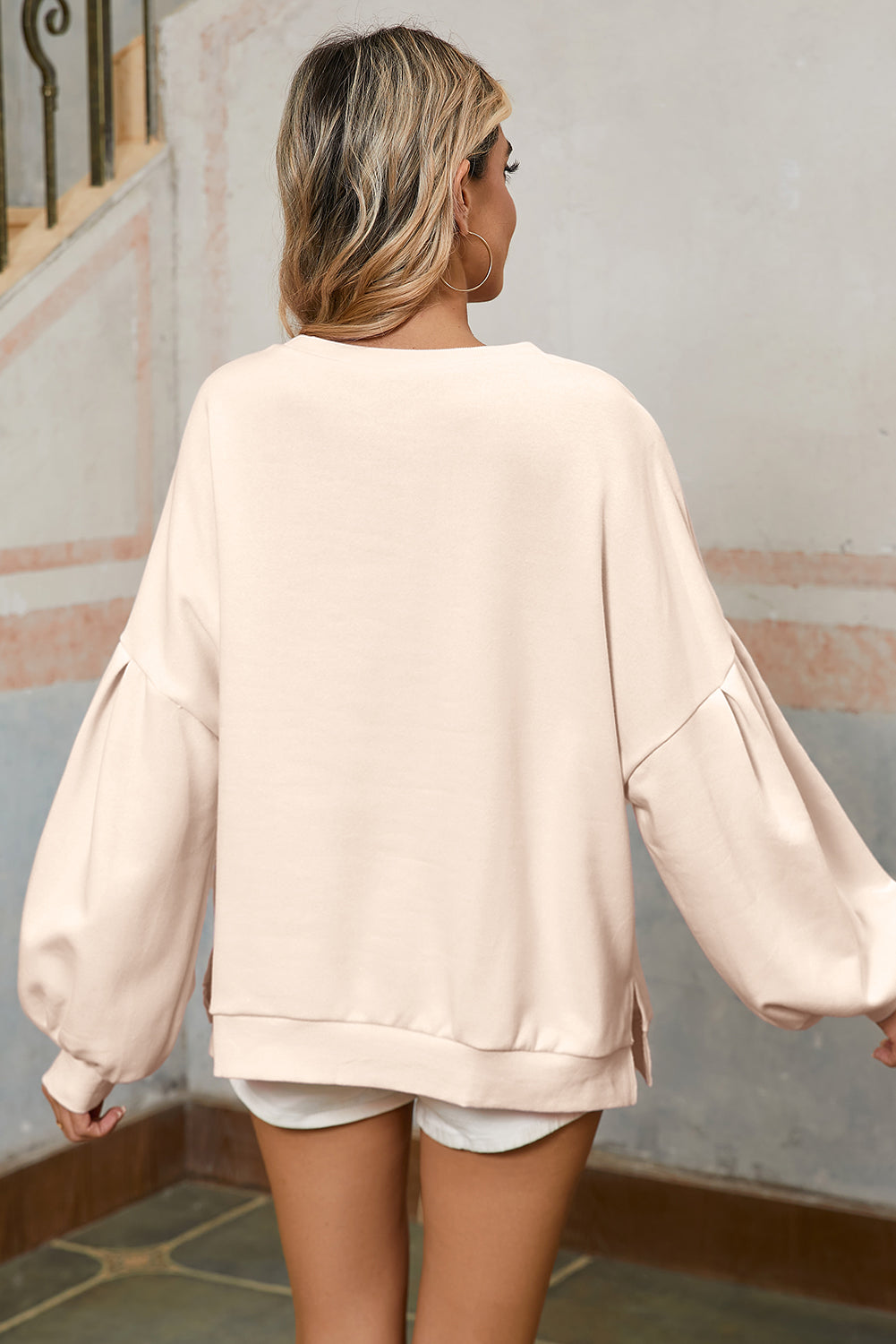 Parchment Sweet Bow Lantern Sleeve Oversized Pullover Sweatshirt