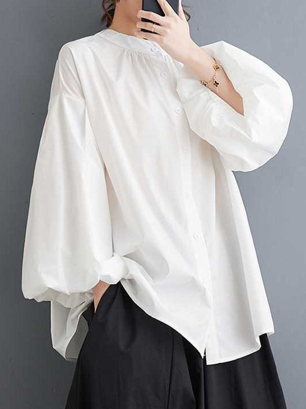 Loose Nine-Minute Sleeve Buttoned Hollow Pleated Solid Color Round-Neck Blouses&Shirts Tops