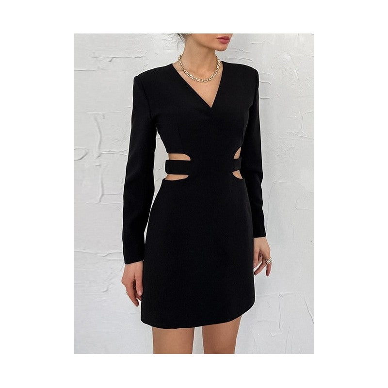 Solid Color Long Sleeve V-Neck Hollow A-Line Mini Dress