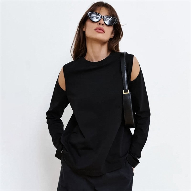 Simple Black Cotton Off-Shoulder Cutout Long Sleeve Top