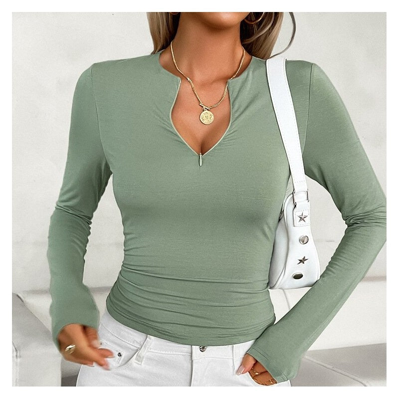 Casual V-Neck Slim Fit Long Sleeve Top - Solid Color