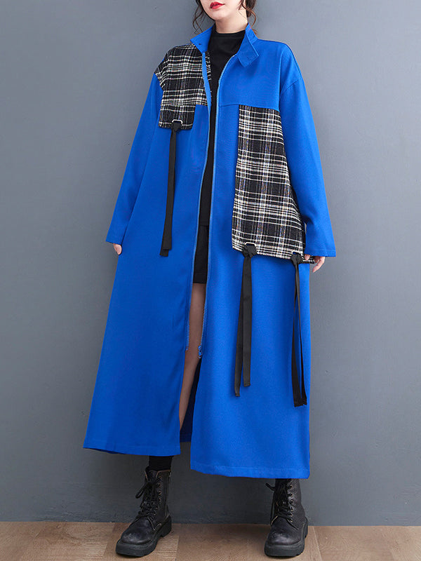 Original Long Sleeves Loose Contrast Color Plaid Split-Joint Zipper Stand Collar Outerwear