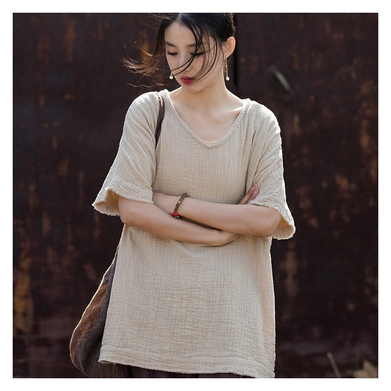 Solid Color Double-Layer Bamboo Joint Literary All-Match T-Shirt